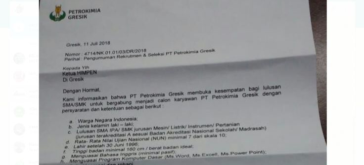 Lowongan Kerja Petrokimia Gresik Khusus SMA Sederajat